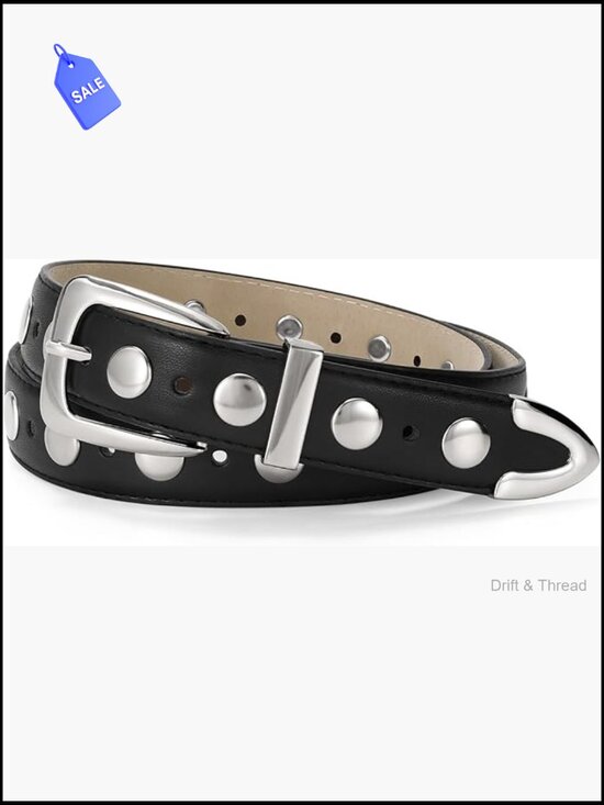 Women\'s Punk Studded Faux Leather Belt with Metallic Buckle - Versatile Waist main image 7